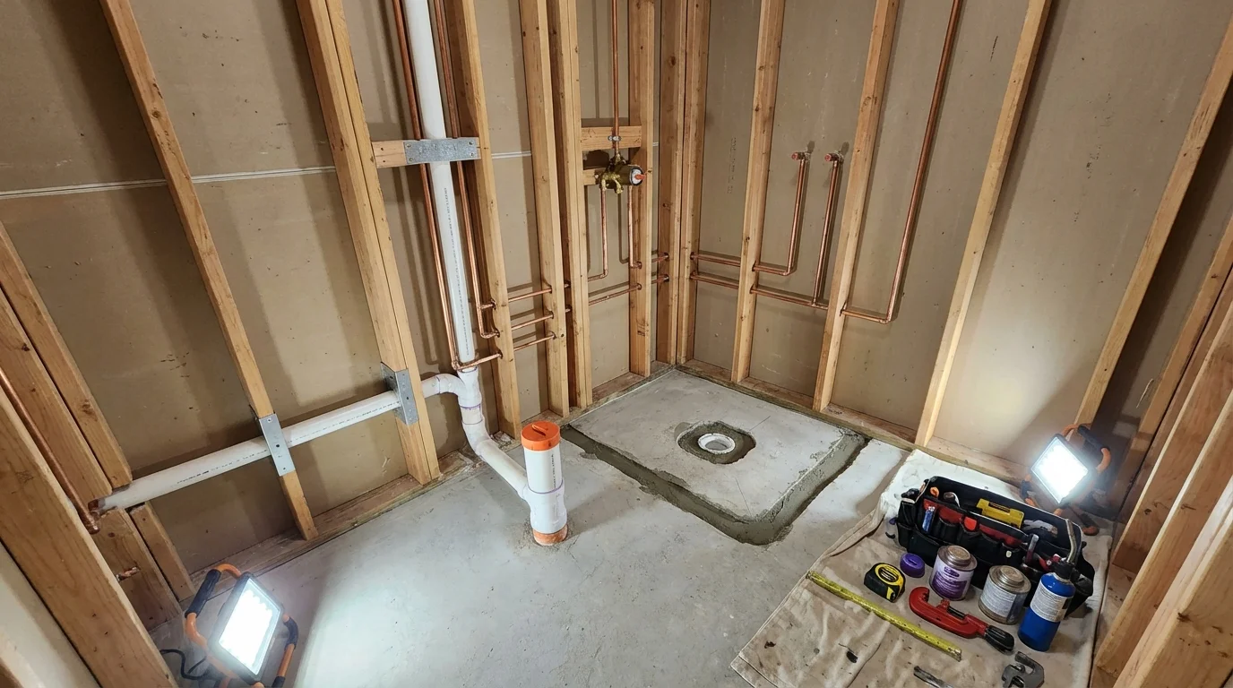 Bathroom rough-in plumbing during remodel by Johns Plumbing LLC in Weston