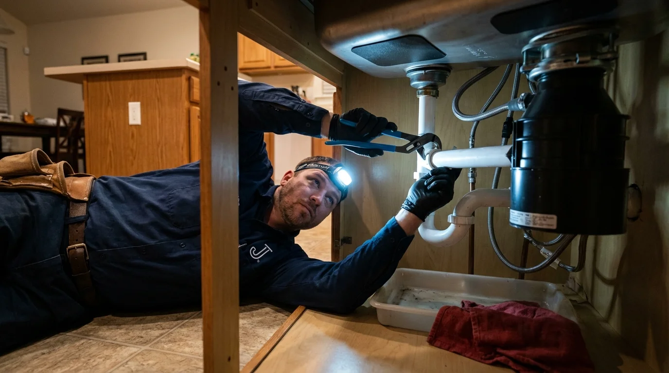 P-trap and supply line connections under a kitchen sink showing a common leak point in Weston, OH